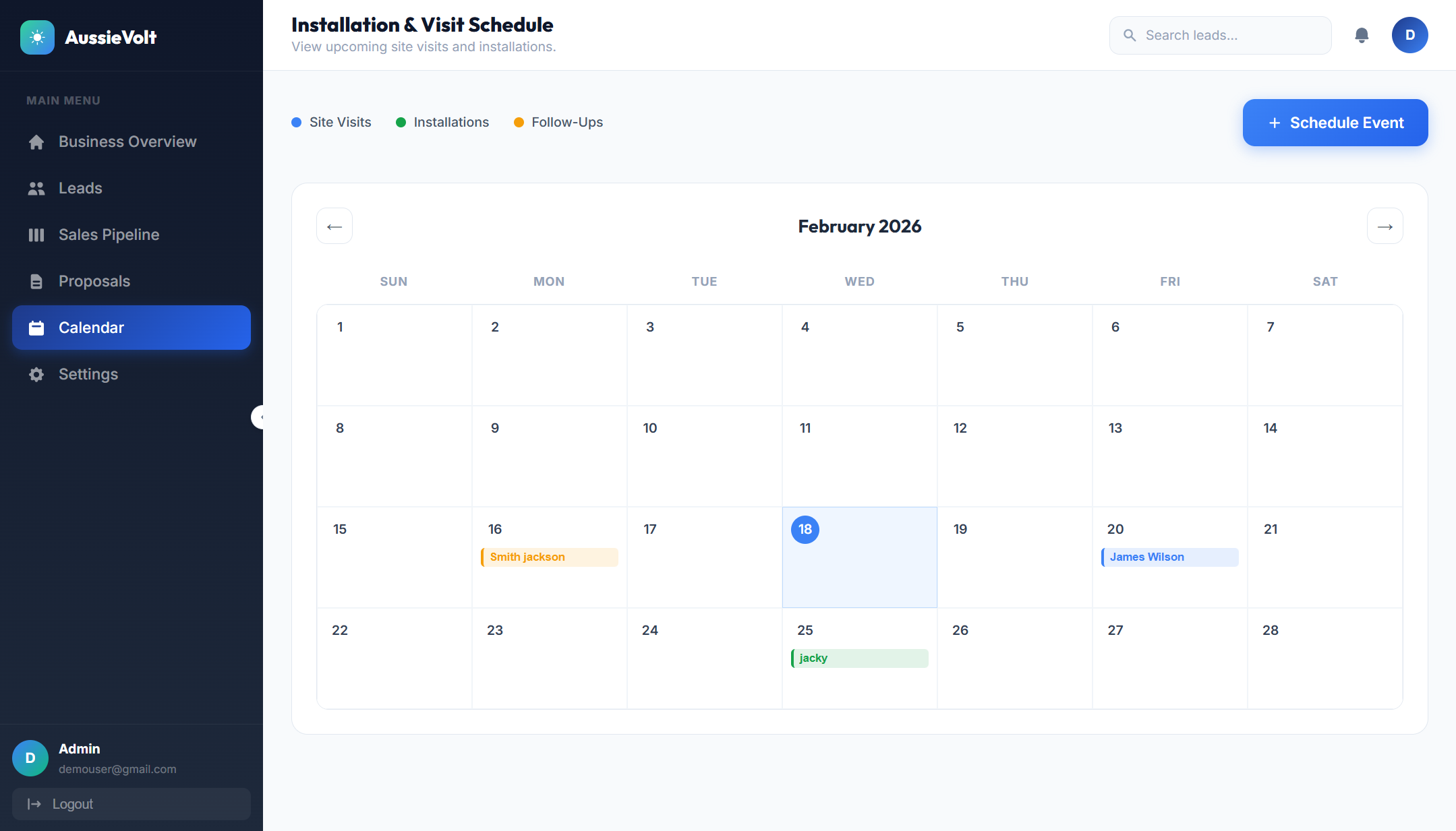 Solar Growth System Install Calendar View